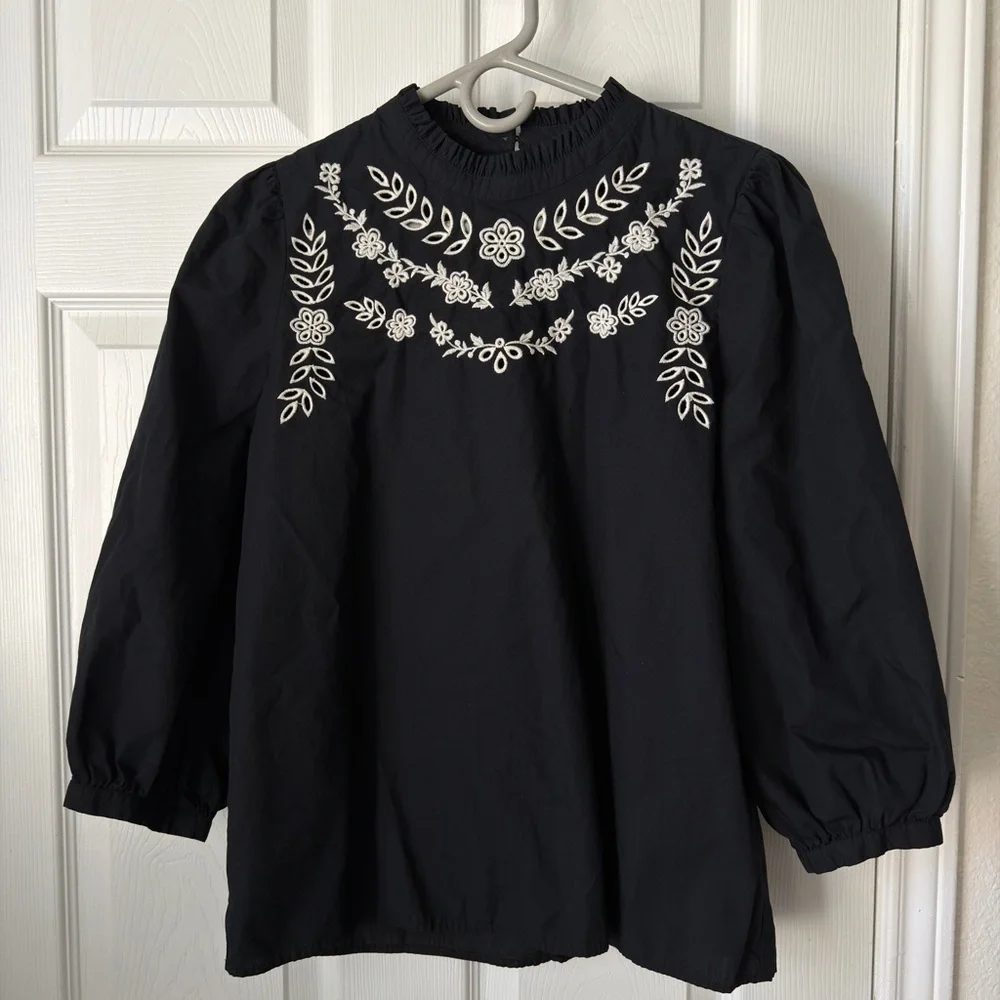 LOFT Embroidered Floral Blouse | Puff Sleeve Boho Top | LOFT Blouse | Small